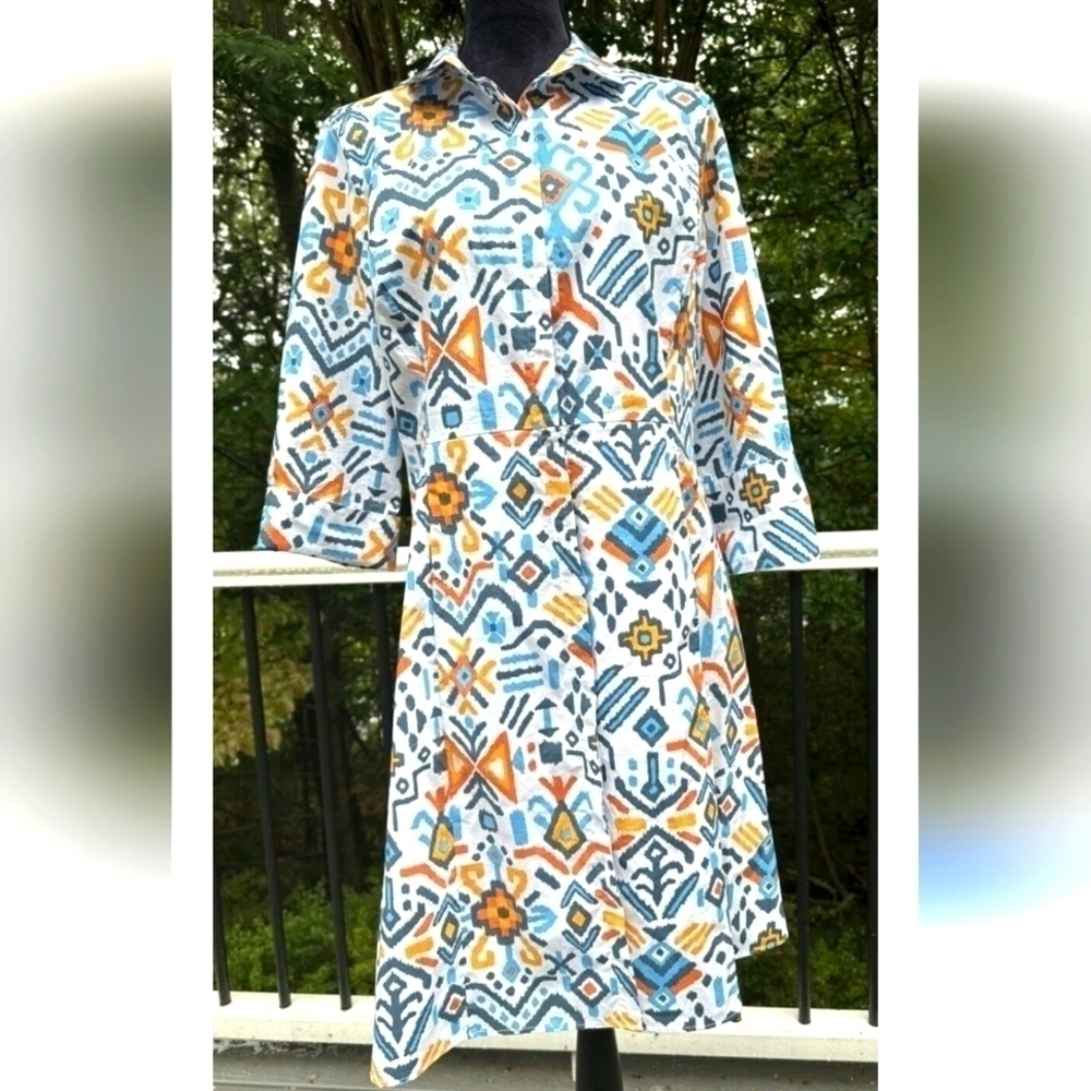 Tyler Boe Orange & BLUE Azteca Print Button Down Dress with Pockets 8